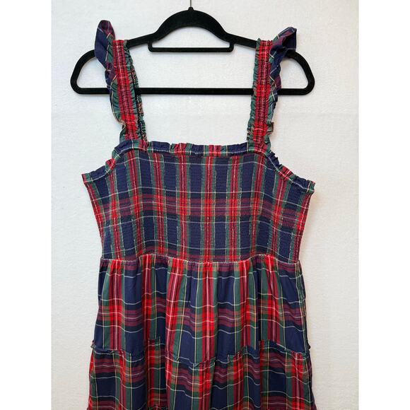 J.Crew Factory Navy Plaid Smocked Tiered Midi Dress, Size XL - Picture 3 of 8